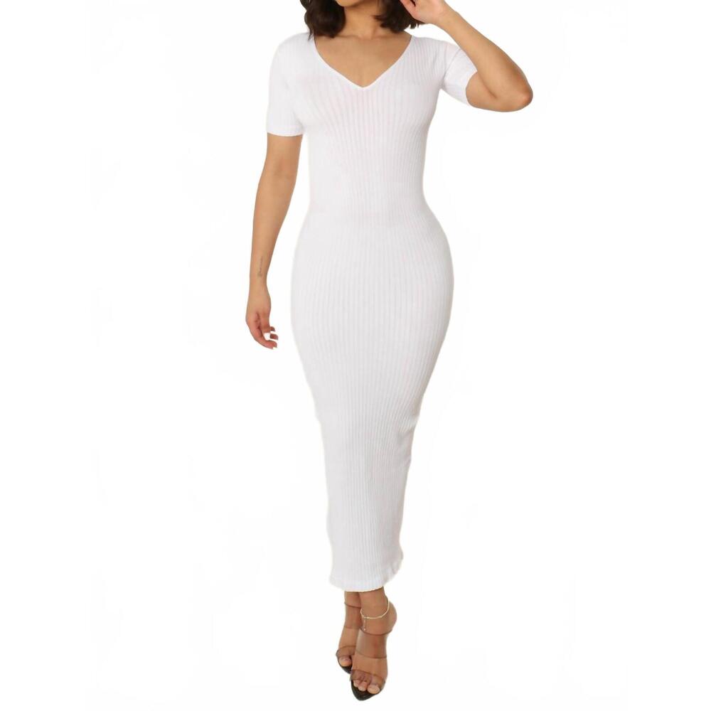 NEW UNTITLED IN MOTION v-neck bodycon ribbed dress in white